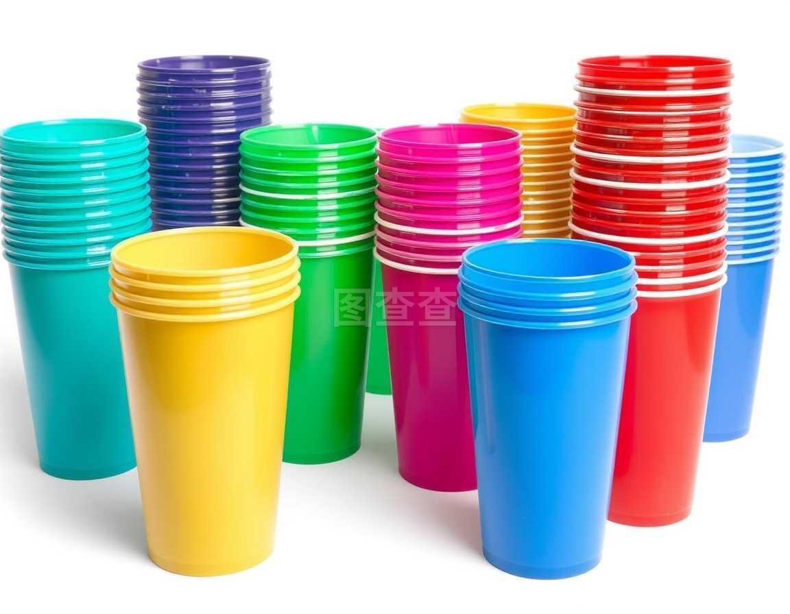 各種顏色的塑料杯隔離在白色上
